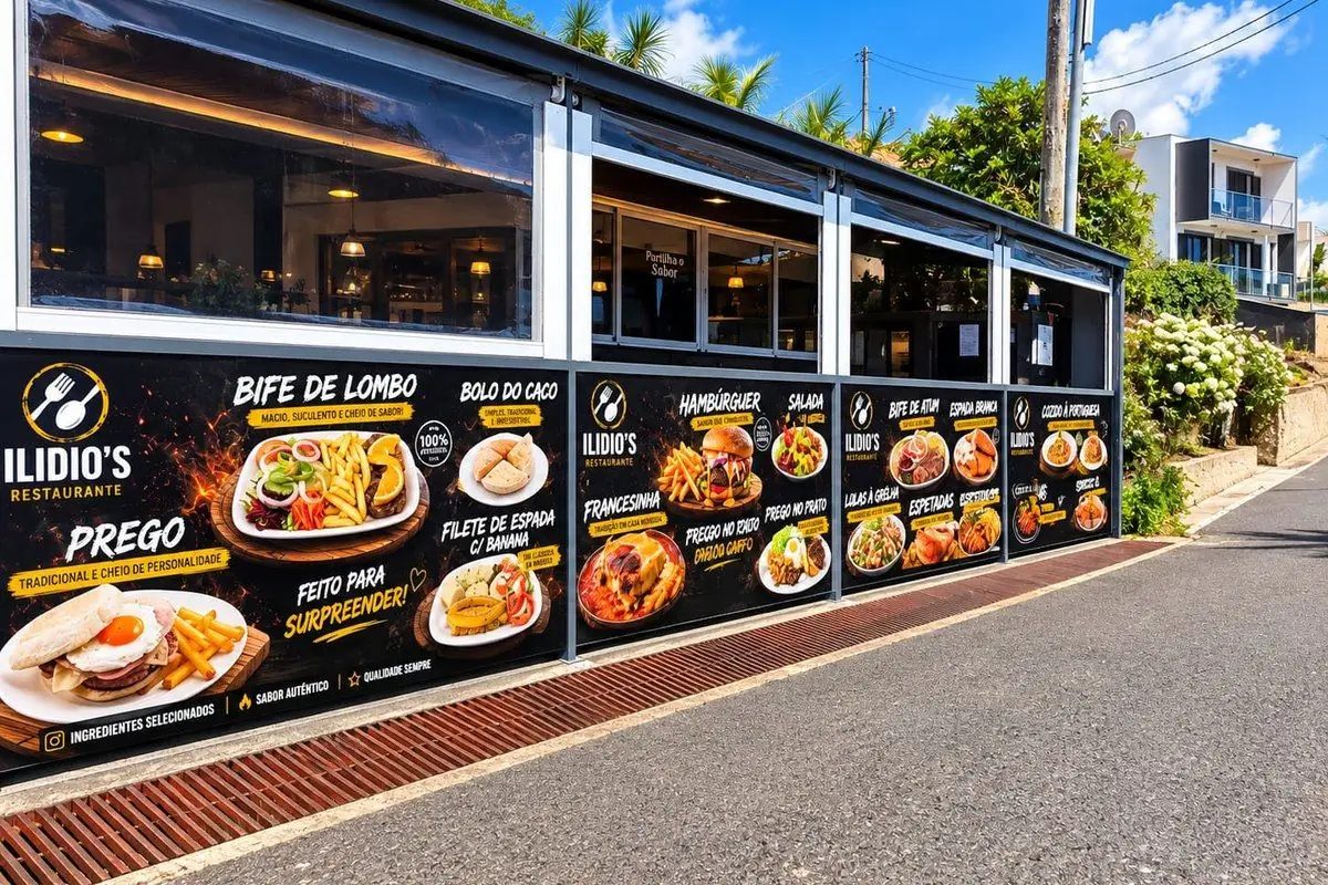 Fachada do Restaurante Ilídio’s com painéis impressos de grande formato